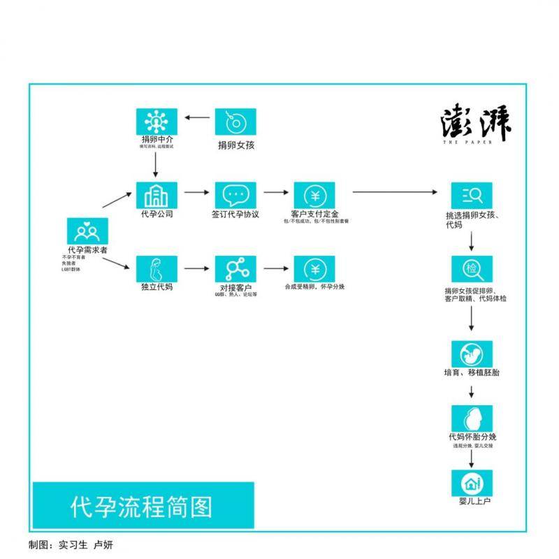 澎湃新闻根据暗访代孕市场情况，绘制的代孕流程简图