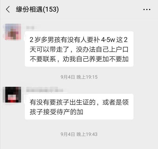 网络送养的微信群里，领养者与送养者交流。