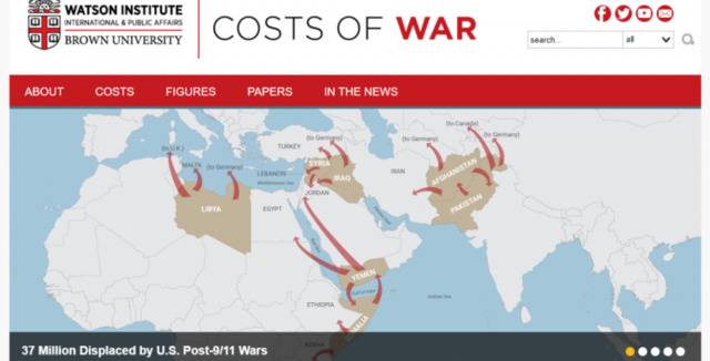 △“战争成本”（Cost of War）项目指出，美国的“反恐”战争已造成3700万人流离失所（图片来自该项目官网）