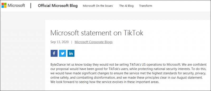 消息人士：TikTok美国业务既不卖给微软 也不卖给甲骨文
