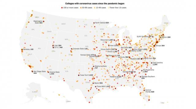 美国各州校园疫情的确诊情况。/《纽约时报》网站截图
