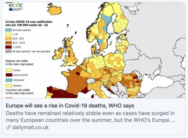 世卫组织：欧洲新冠死亡病例或上升。/《每日邮报》报道截图