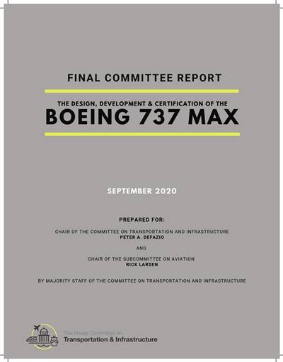 当地时间9月16日，美国国会众议院发布了关于波音737 MAX系列飞机两起空难事故的调查报告。图片来源：美国众议院运输与基础建设委员会网站