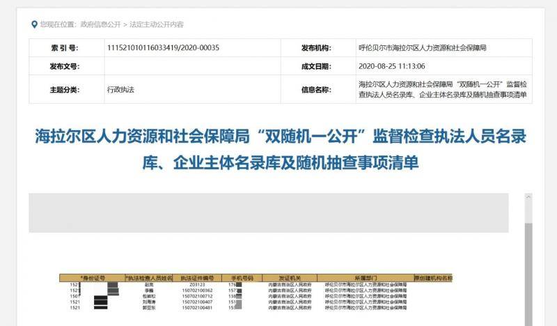 呼伦贝尔一区政府官网泄露执法人员隐私 回应：按要求提交