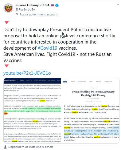 不满美国务院发言人质疑本国疫苗 俄驻美使馆提醒：先拯救美国民众生命吧