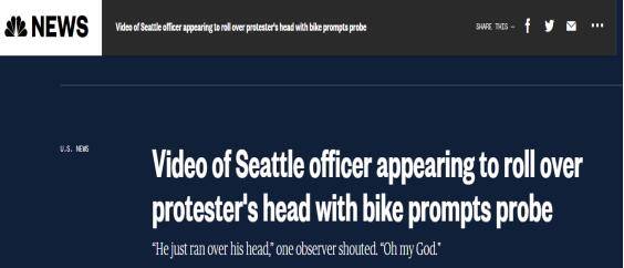 美国示威现场示威者倒地 警察骑自行车从其头上“碾”过