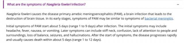感染食脑虫后的症状。/美国疾控中心网站截图