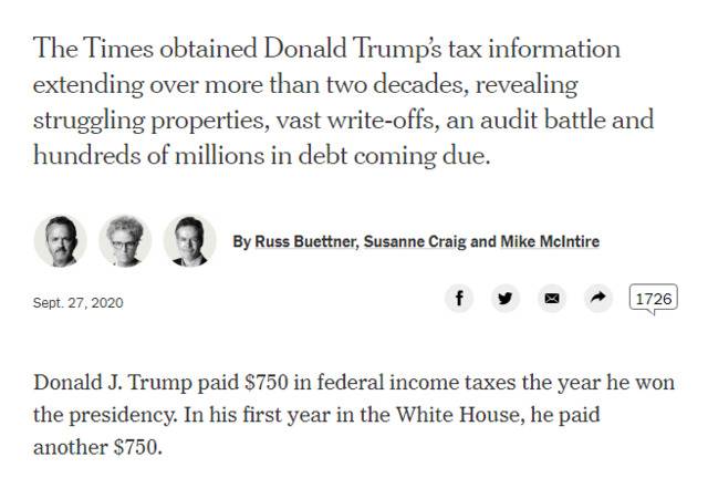美媒爆特朗普过去15年中有10年没缴税，2016年只缴750美元联邦所得税，本人回应:假新闻