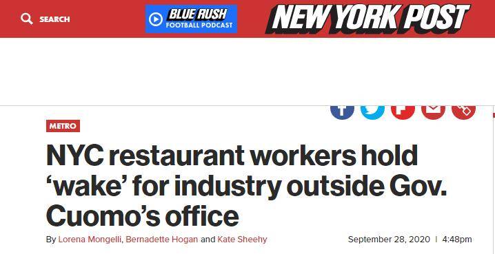 不满防疫“限流”规定，纽约餐饮业从业者抬棺材抗议