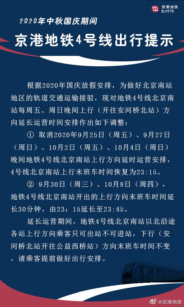 9月30日、10月8日4号线北京南站上行方向延长运营30分钟