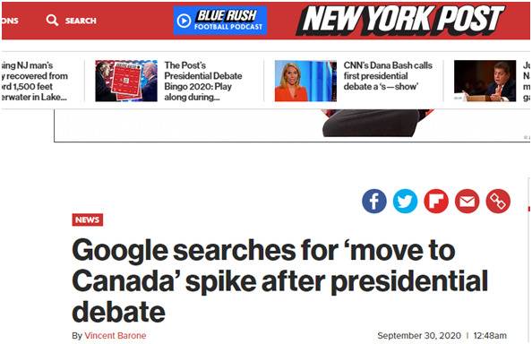 （《纽约邮报》：总统辩论开始后，“搬去加拿大”在谷歌上搜索量飙升）
