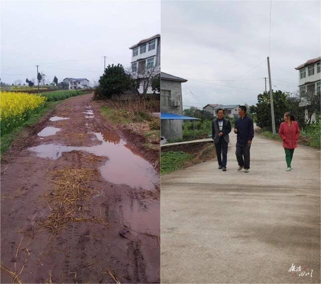 前图为：改造前的村级公路处处都是水坑和泥洼。