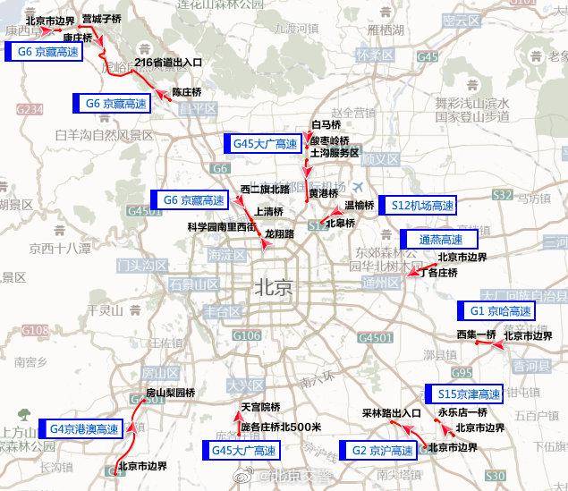 10月7日至8日16至19时，各高速公路的进京方向将迎来车流高峰