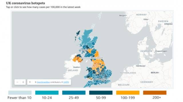 英国疫情热点地区。BBC网站截图