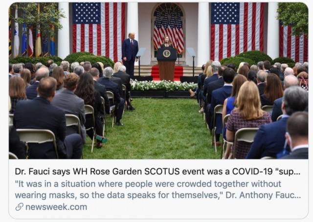 福奇称白宫玫瑰园的活动为“超级传播事件”。/Newsweek报道截图