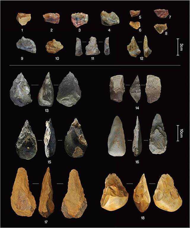 中更新世气候转型期的代表性石器（1-12，高纬度地区的小型工具；13-18，中低纬度地区的大型切割工具）（杨石霞供图）