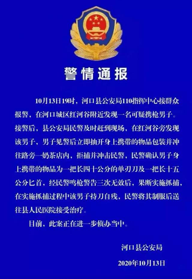 警方通报。来源：河口县融媒体中心