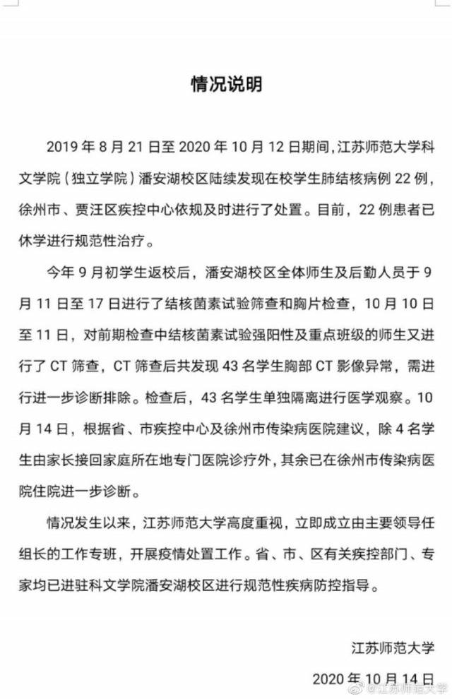 江苏师范大学：发现在校学生肺结核病例22例，均已休学进行治疗
