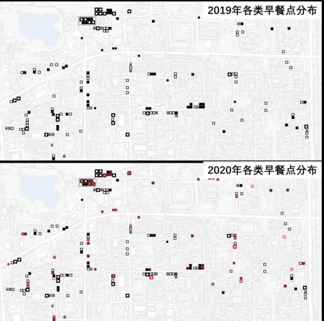 图3，北京西站以南地区2019年与2020年早餐点分布对比图（局部）