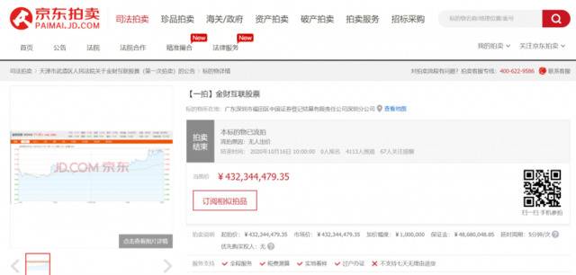 起拍价超4亿，权健束昱辉所持金财互联股份首次拍卖流拍