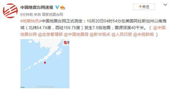 美阿拉斯加州以南海域发生7.5级地震 震源深度40千米