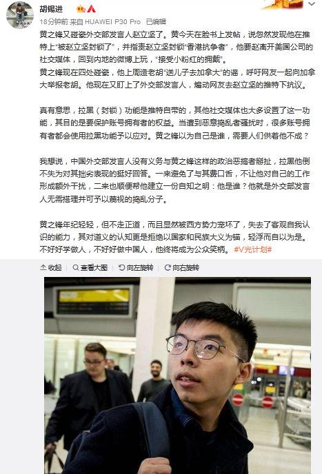 黄之锋又攻击赵立坚，胡锡进：这个人四处碰瓷，缺自知之明