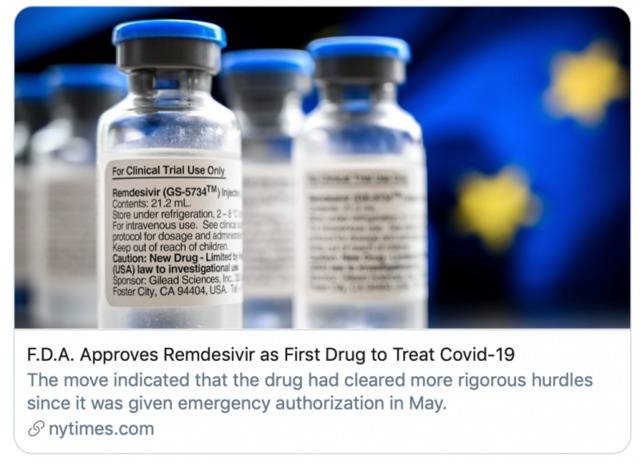 FDA批准瑞德西韦作为新冠治疗药物。《纽约时报》报道截图