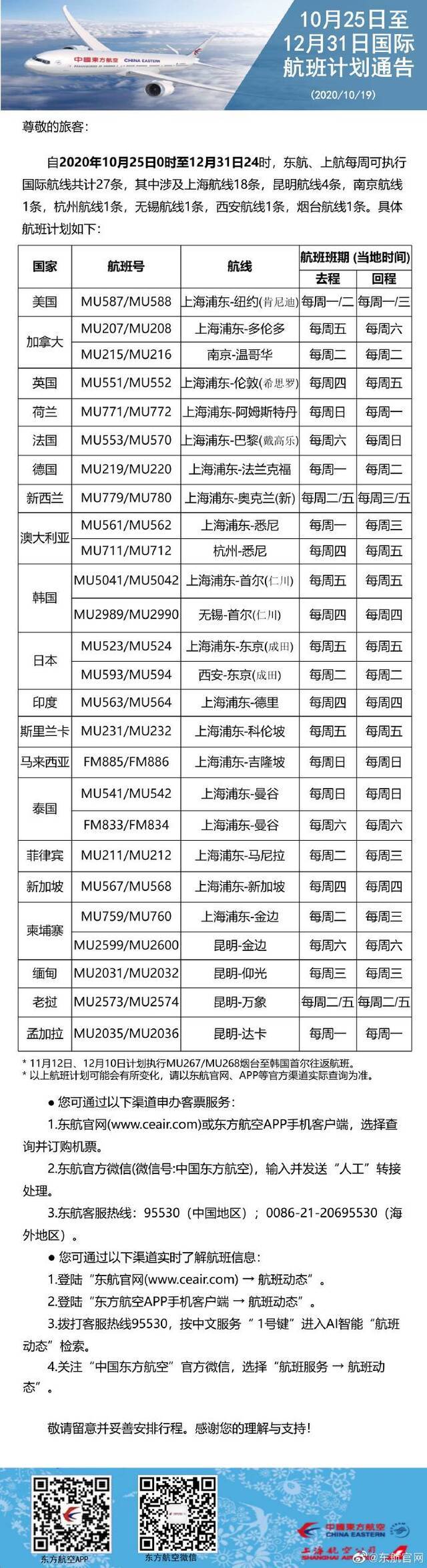 东航10月25日至12月31日国际航班计划通告。东航图