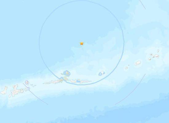 美国阿拉斯加州附近海域发生5.4级地震。（图片来源：美国地质勘探局网站截图）