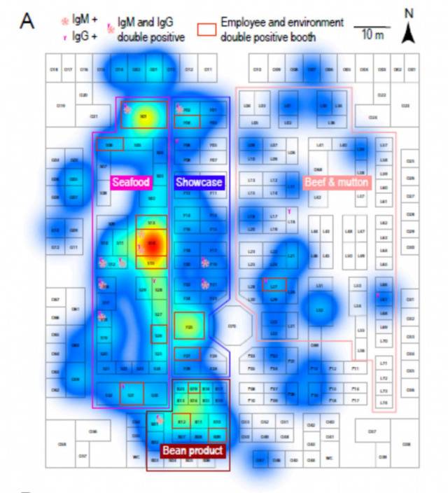 新发地综合交易大厅负一层（牛羊肉大厅）感染者分布。论文插图