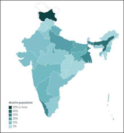 印度人口普查中各地穆斯林占总人口比例图