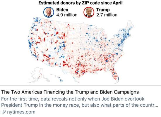 特朗普和拜登两个人的竞选活动资金。/《纽约时报》报道截图