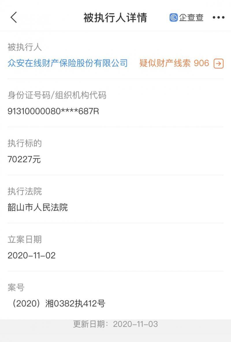 众安在线新增被执行人信息，执行标的7.02万元