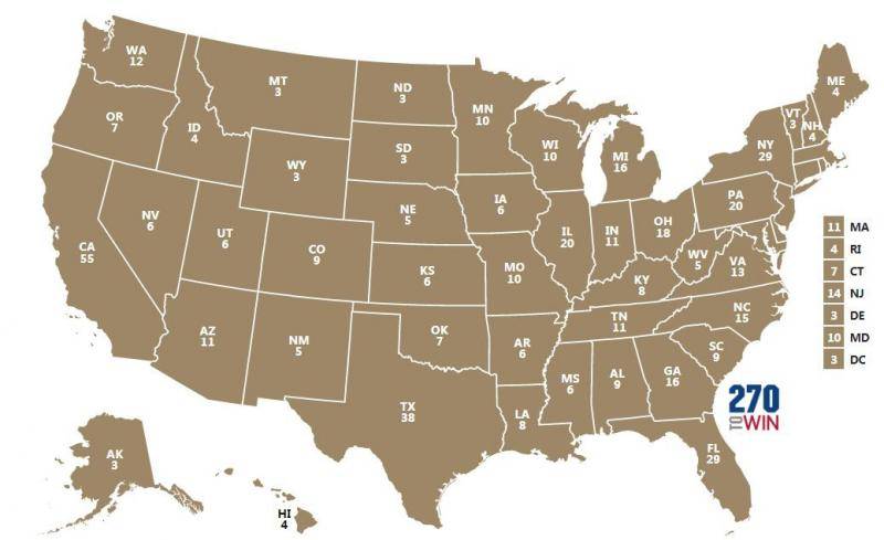 2020年美国50个州和华盛顿特区的选举人人数分布。270towin.com图