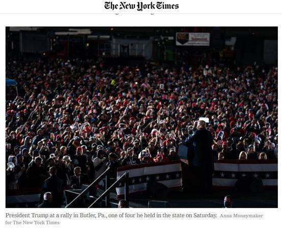 图为特朗普此前的一个竞选拉票活动现场，图片来自《纽约时报》的报道