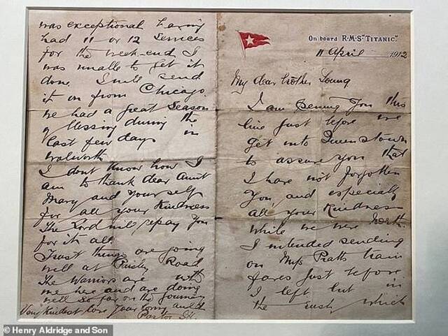 铁达尼号英雄牧师最后信件将在英国亨利.奥尔德里奇父子拍卖行拍卖