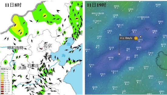 典型时刻地面风场实况（来源：中央气象台、windy.com）