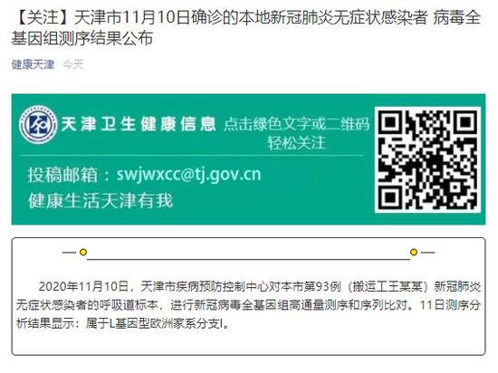 天津公布第93例无症状感染者病毒全基因组测序结果：属于L基因型欧洲家系分支I