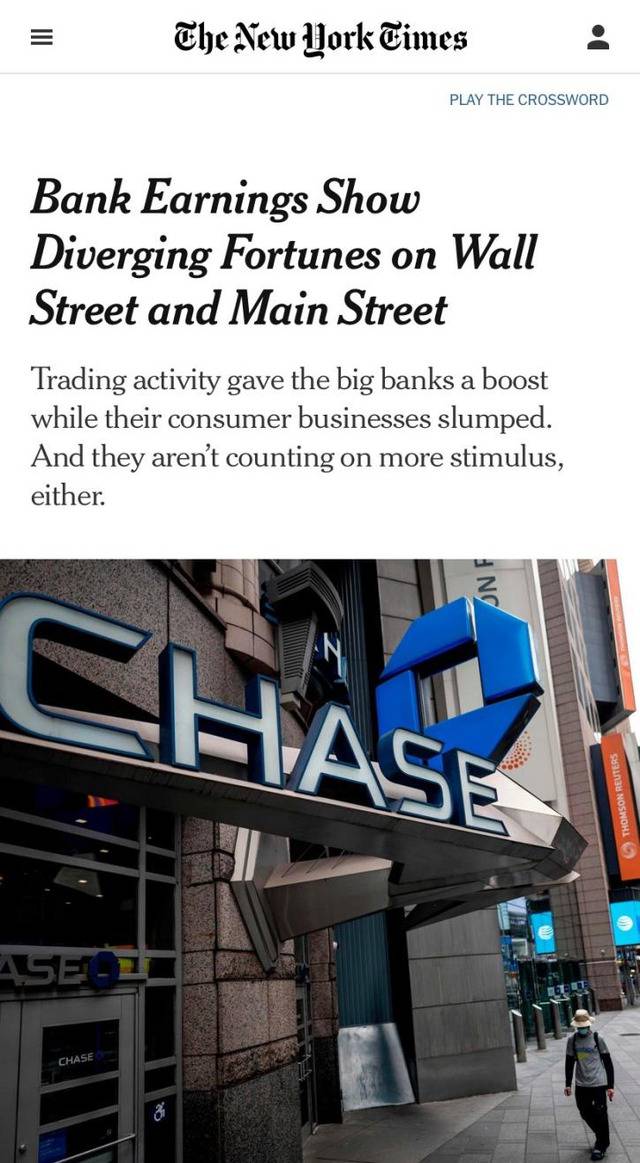 △《纽约时报》发表文章《华尔街和中小实体的财务状况呈相反趋势》称，在不景气的大环境下，金融行业仍维持高利润
