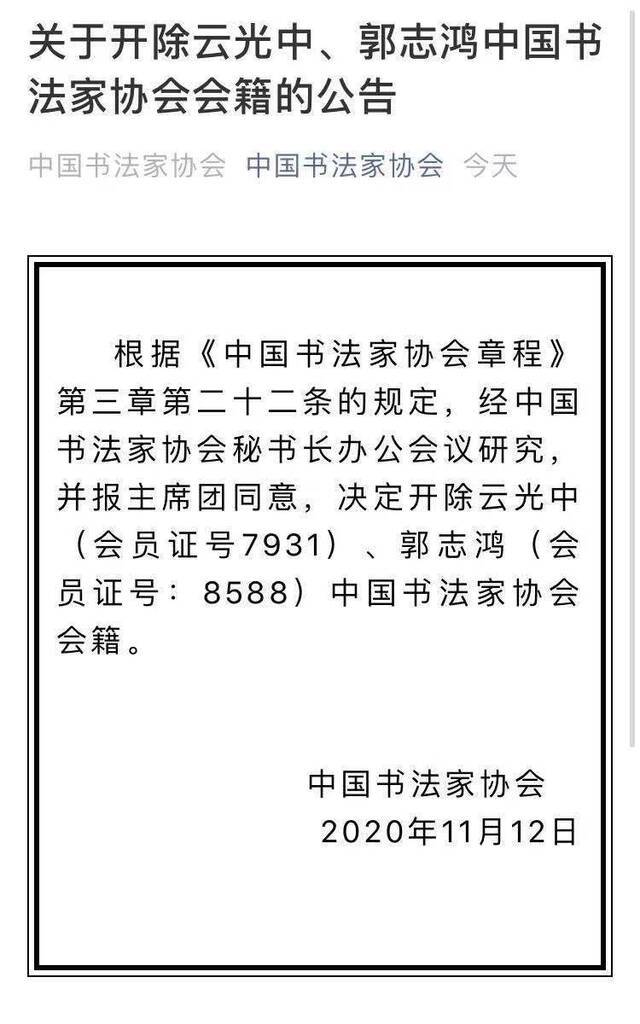 云光中、郭志鸿已被中国书法家协会开除会籍