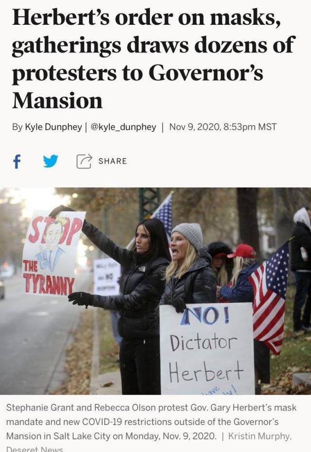 △犹他州当地媒体11月9日报道，数十名抗议示威者聚集在犹他州州长赫伯特住所附近，并称其为独裁者
