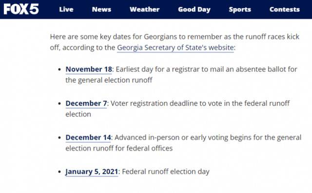 （图为美国福克斯新闻网依据佐治亚州官方的时间表给出的加赛各阶段的投票日和开票日）
