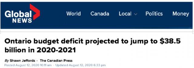 △加拿大环球电视新闻12日报道《安大略省预算赤字预计2020~2021年跳升到350亿加元》