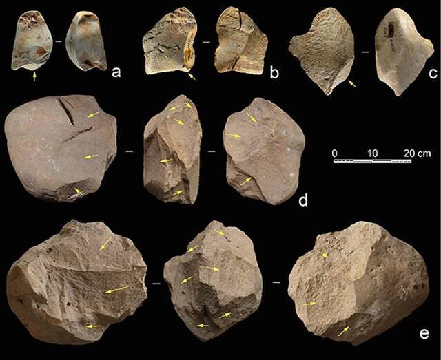 百色盆地的大石片和大型石核标本，黄色箭头指示打击方向（供图李浩、雷蕾）