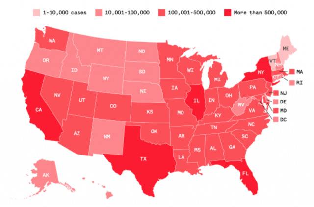 △美国新冠感染确诊病例各州分布情况（图片来源：美国全国广播公司）