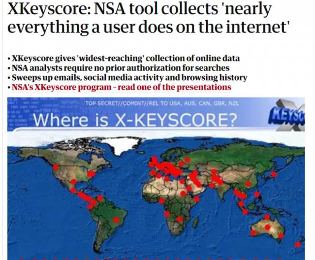 （多年前被美国国防部外包商斯诺登曝光的美国国安局的“棱镜门”项目中，也涉及Xkeyscore这个间谍系统，图为当年英国卫报讲述该系统是如何监控和窃取全球网络数据中的隐私数据的）