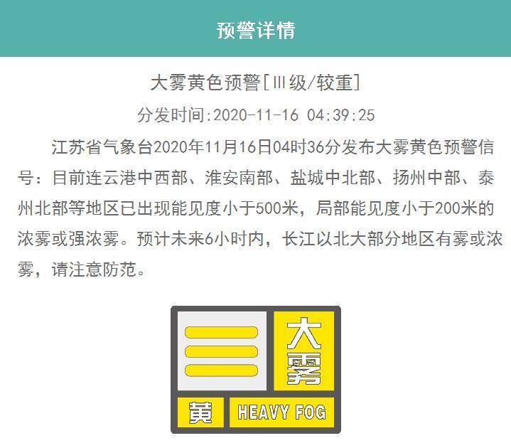 江苏省气象台发布大雾黄色预警信号