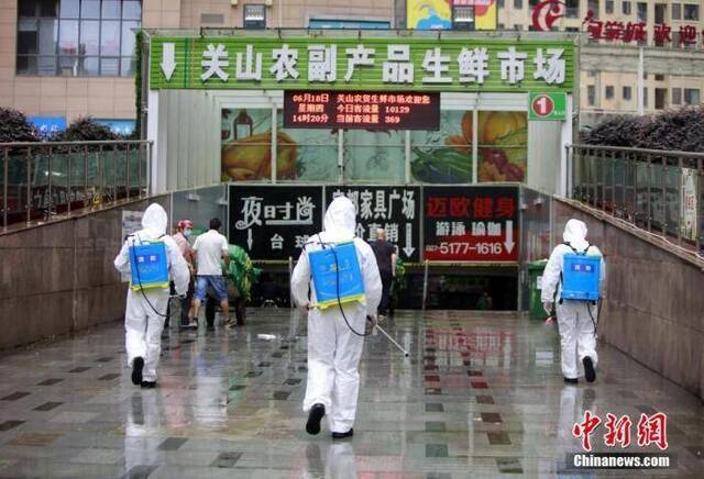 资料图：消防员进入湖北省武汉市关山农副产品生鲜市场内开展消杀作业。王方摄