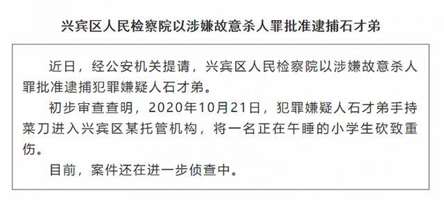 广西来宾一名小学生在托管机构被砍致重伤 嫌犯被批捕