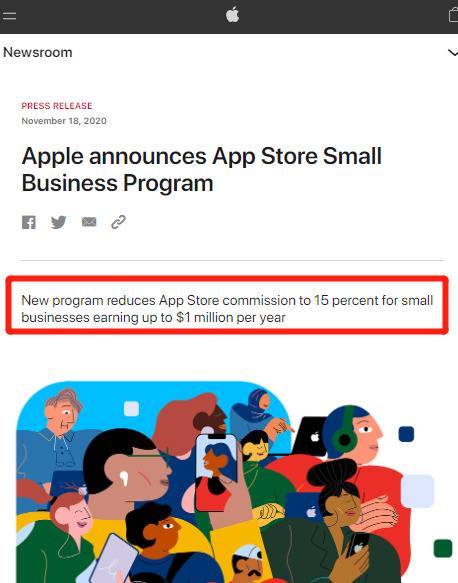 苹果推出新政：满足条件的小型企业苹果商店佣金费率从30%降至15%